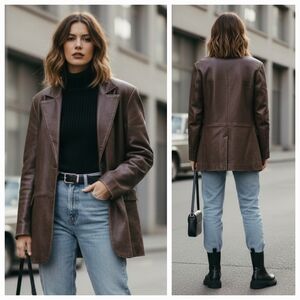 H&M 16 Vintage 90s Contemporary Minimalist Long Brown Nappa Leather Jacket